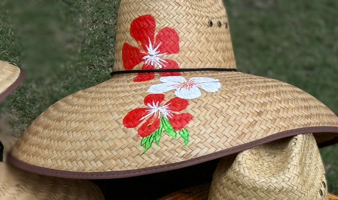 Hand Painted Straw Hat - red/white flowers