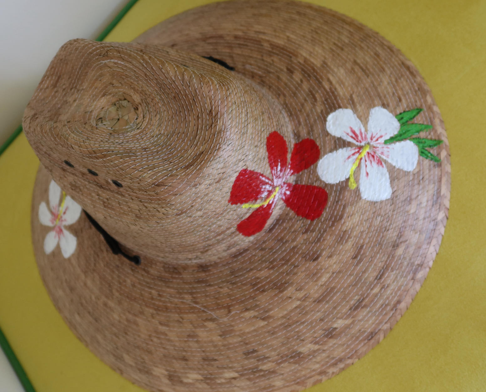Hand Painted Straw Hat - short brim red/white flowers