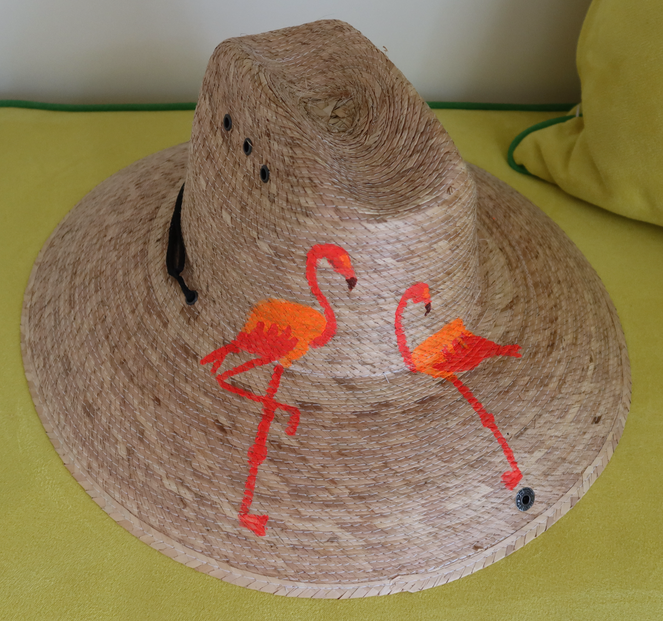 Hand Painted Straw Hat - short brim flamingos