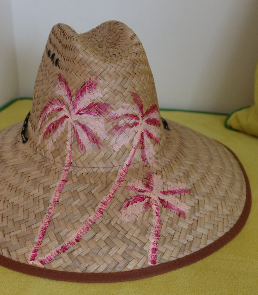 Hand Painted Straw Hat - short brim pink palm