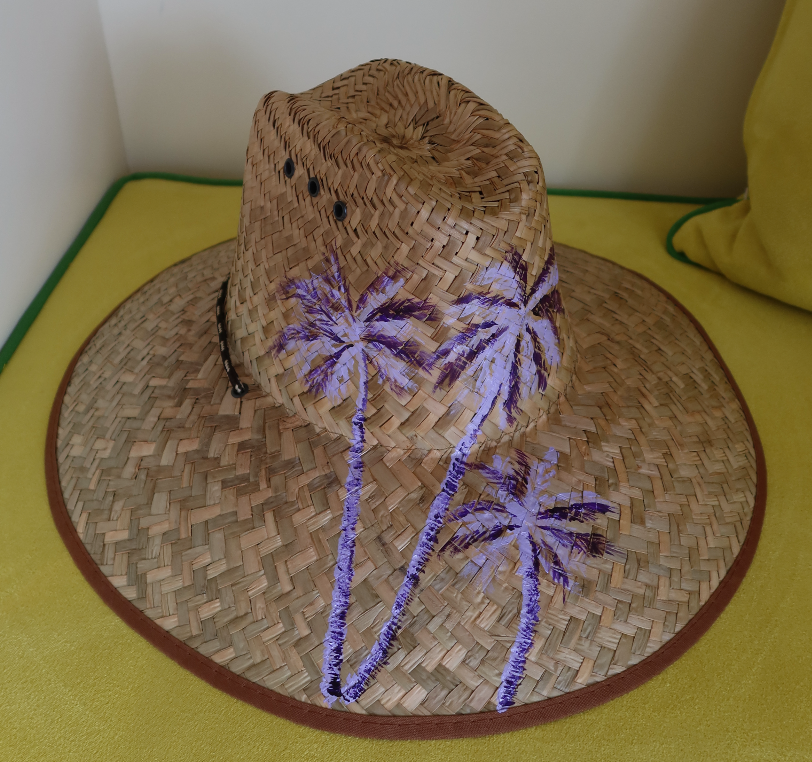 Hand Painted Straw Hat - short brim purple palm
