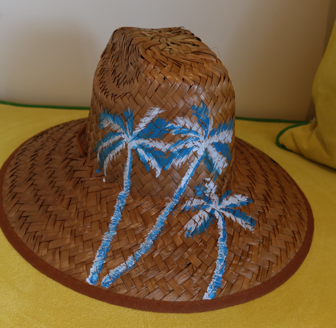Hand Painted Straw Hat - short brim blue palm