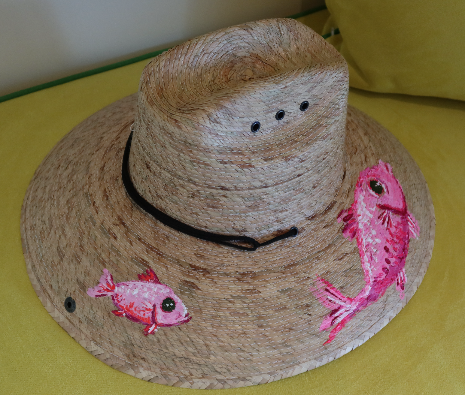 Hand Painted Straw Hat - short brim pink fish