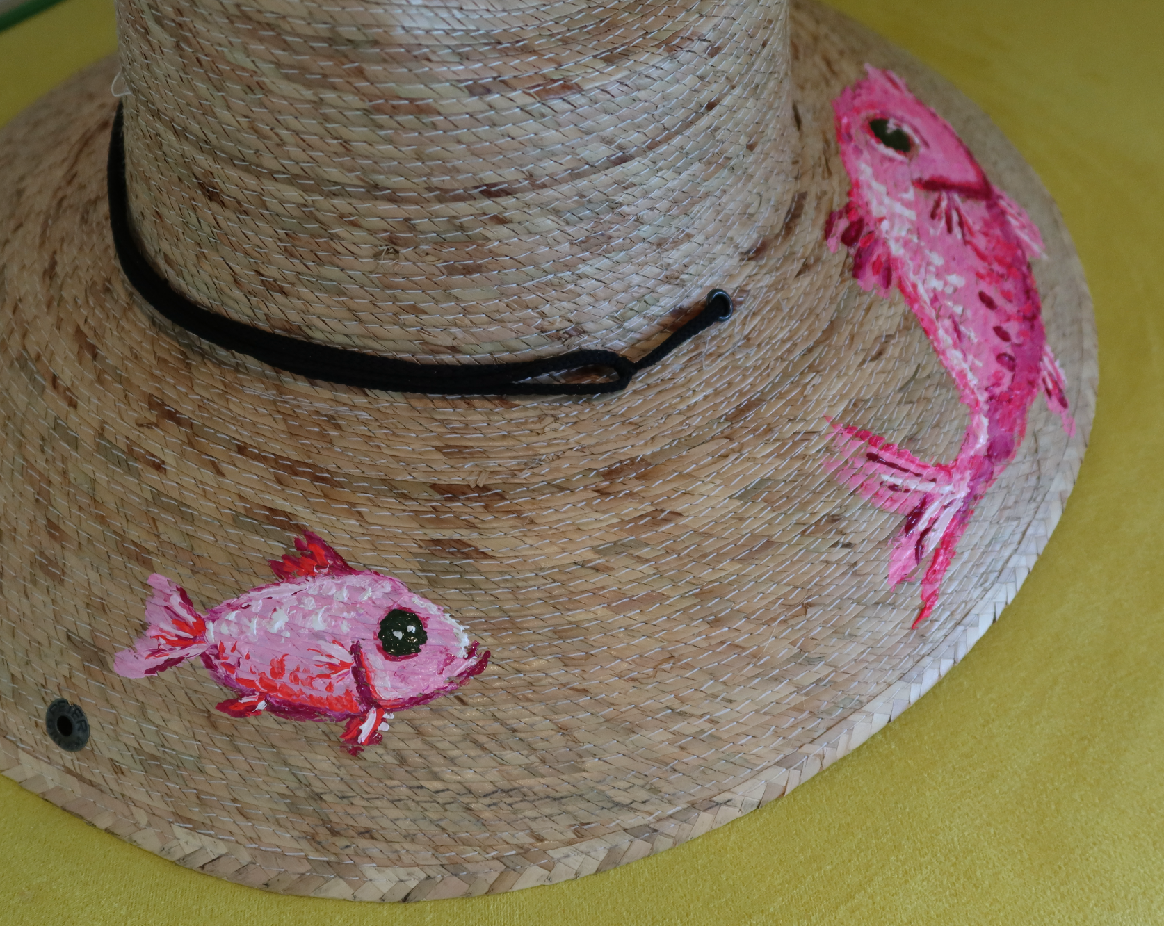 Hand Painted Straw Hat - short brim pink fish