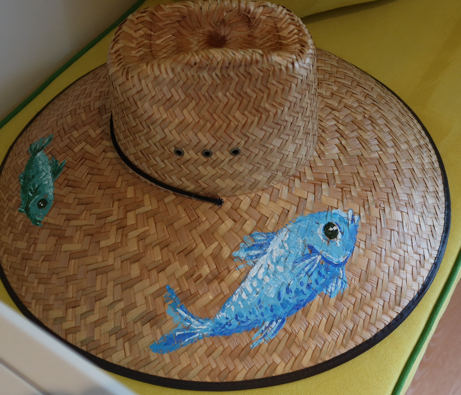 Hand Painted Straw Hat - blue fish