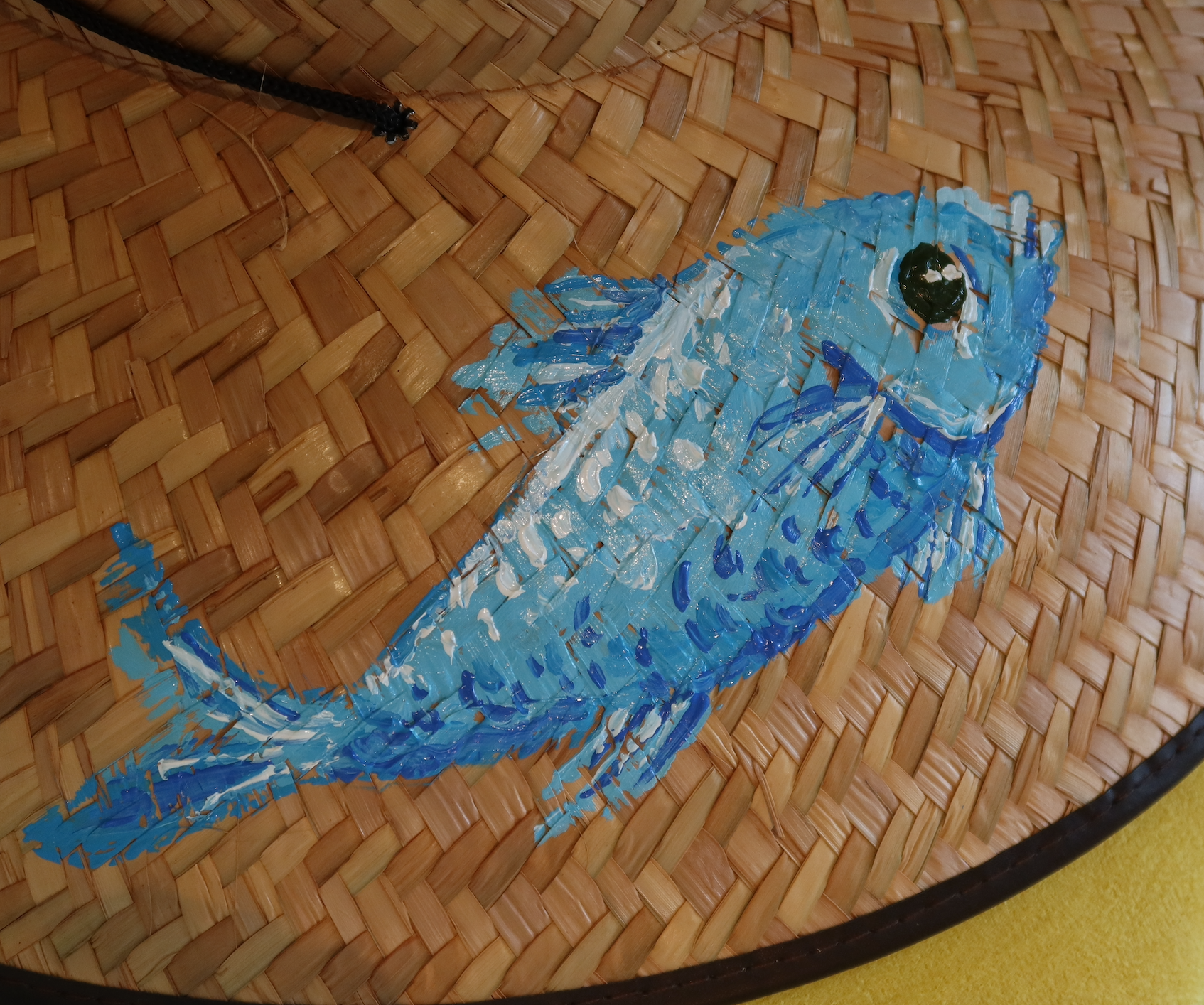 Hand Painted Straw Hat - blue fish