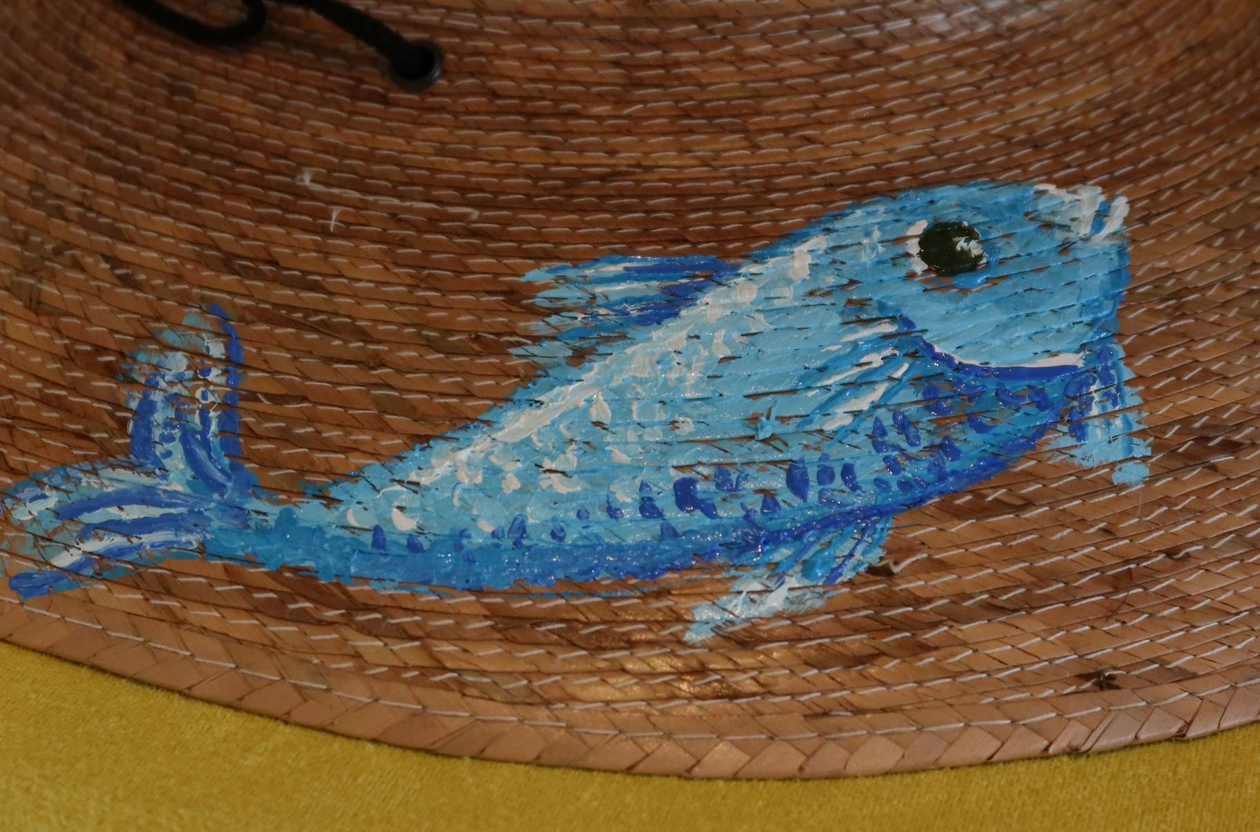 Hand Painted Straw Hat - short brim blue fish